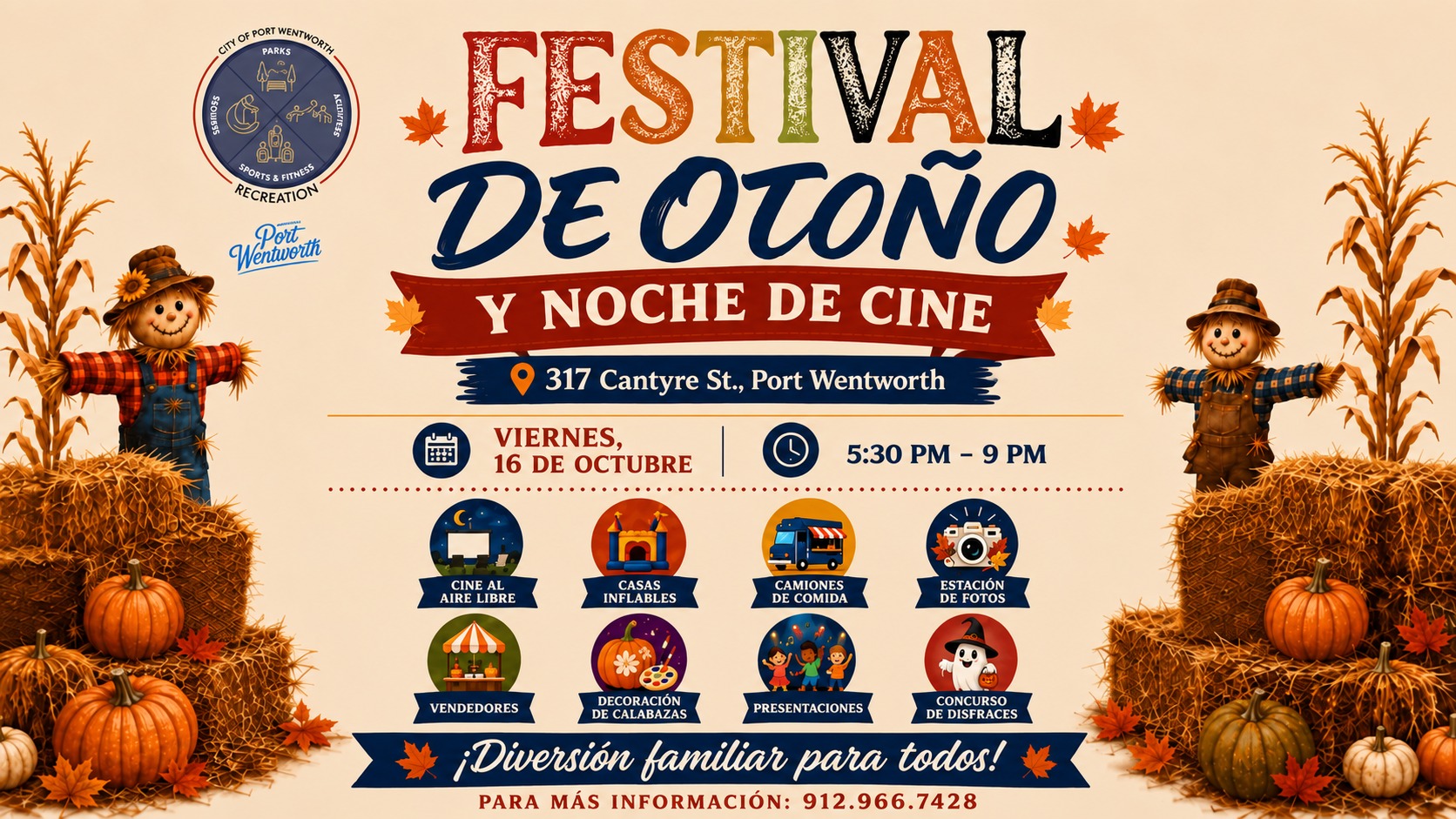 Volante del Festival de Otoño y Noche de Cine de la Ciudad de Port Wentworth Parks & Recreation: viernes 16 de octubre, de 5:30 p.m. a 9 p.m., en 317 Cantyre St., Port Wentworth. Cine al aire libre, casas inflables, camiones de comida, estación de fotos, vendedores, decoración de calabazas, presentaciones y concurso de disfraces. Información: 912.966.7428.