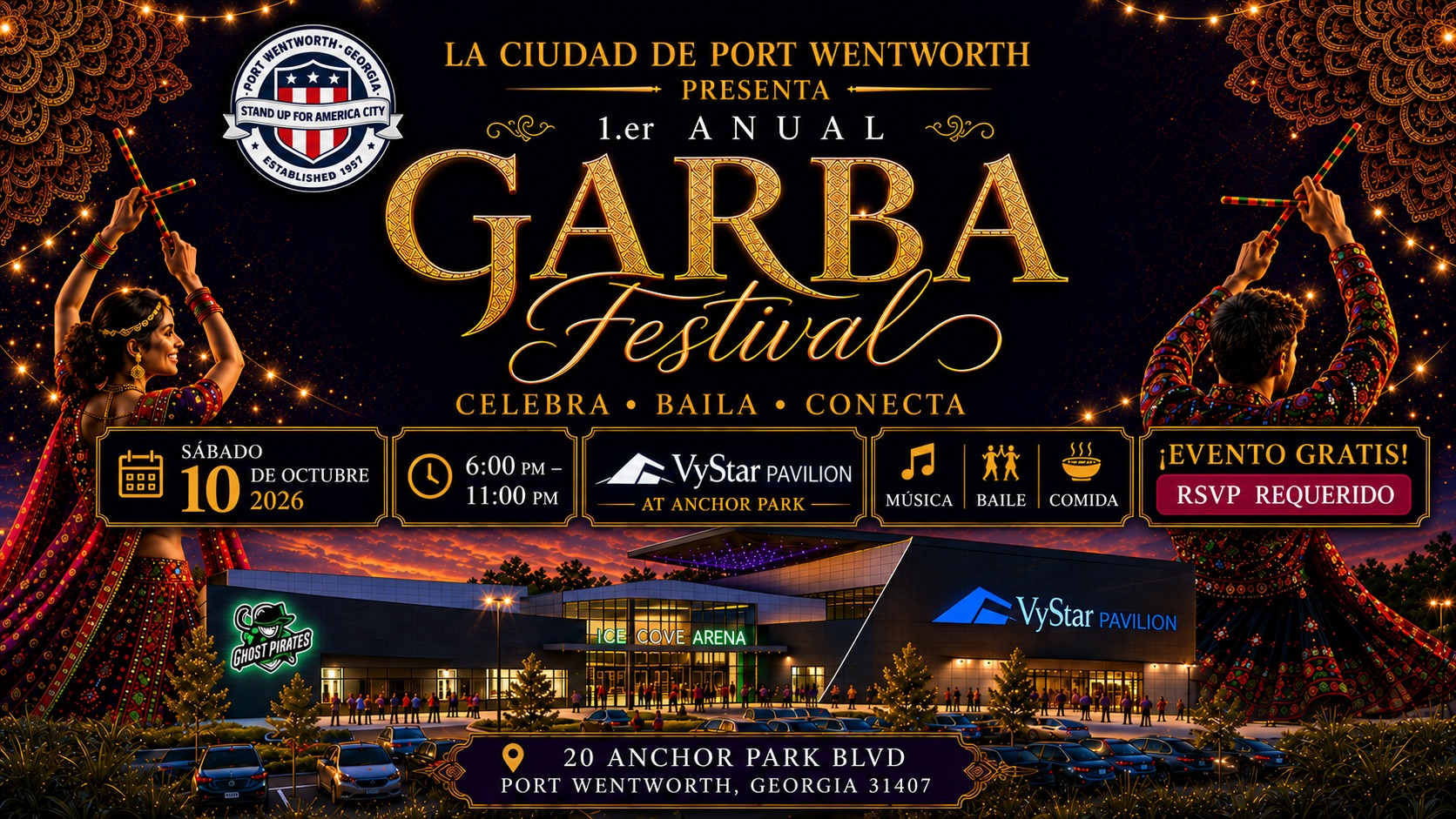 Volante del 1.er Festival Anual de Garba presentado por la Ciudad de Port Wentworth: sábado 10 de octubre de 2026, de 6:00 p.m. a 11:00 p.m., en el VyStar Pavilion de Anchor Park, 20 Anchor Park Blvd, Port Wentworth, GA. Evento gratis con música, baile y comida; se requiere confirmar asistencia.