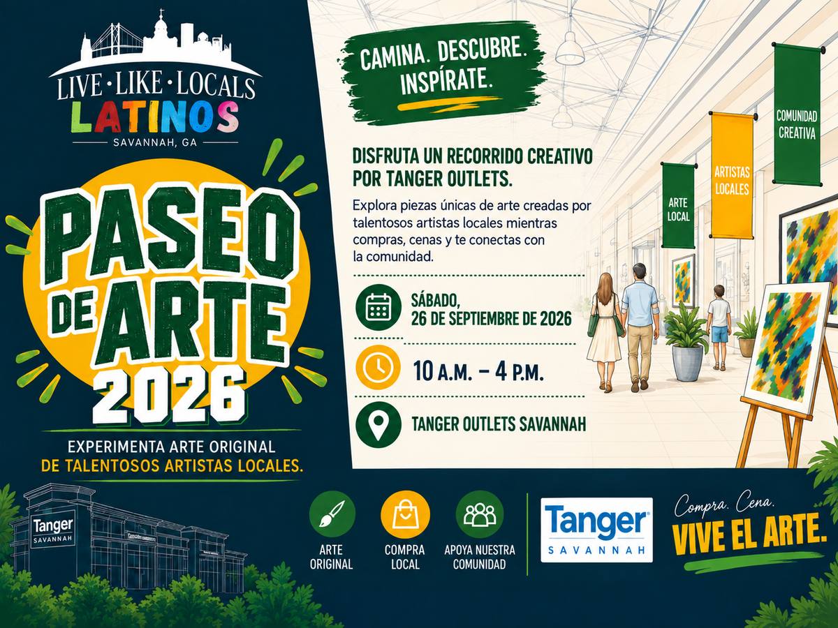 Volante del 2.º Paseo de Arte 2026 de Live Like Locals Latinos en Tanger Outlets Savannah, sábado 26 de septiembre de 2026, de 10 a.m. a 4 p.m.
