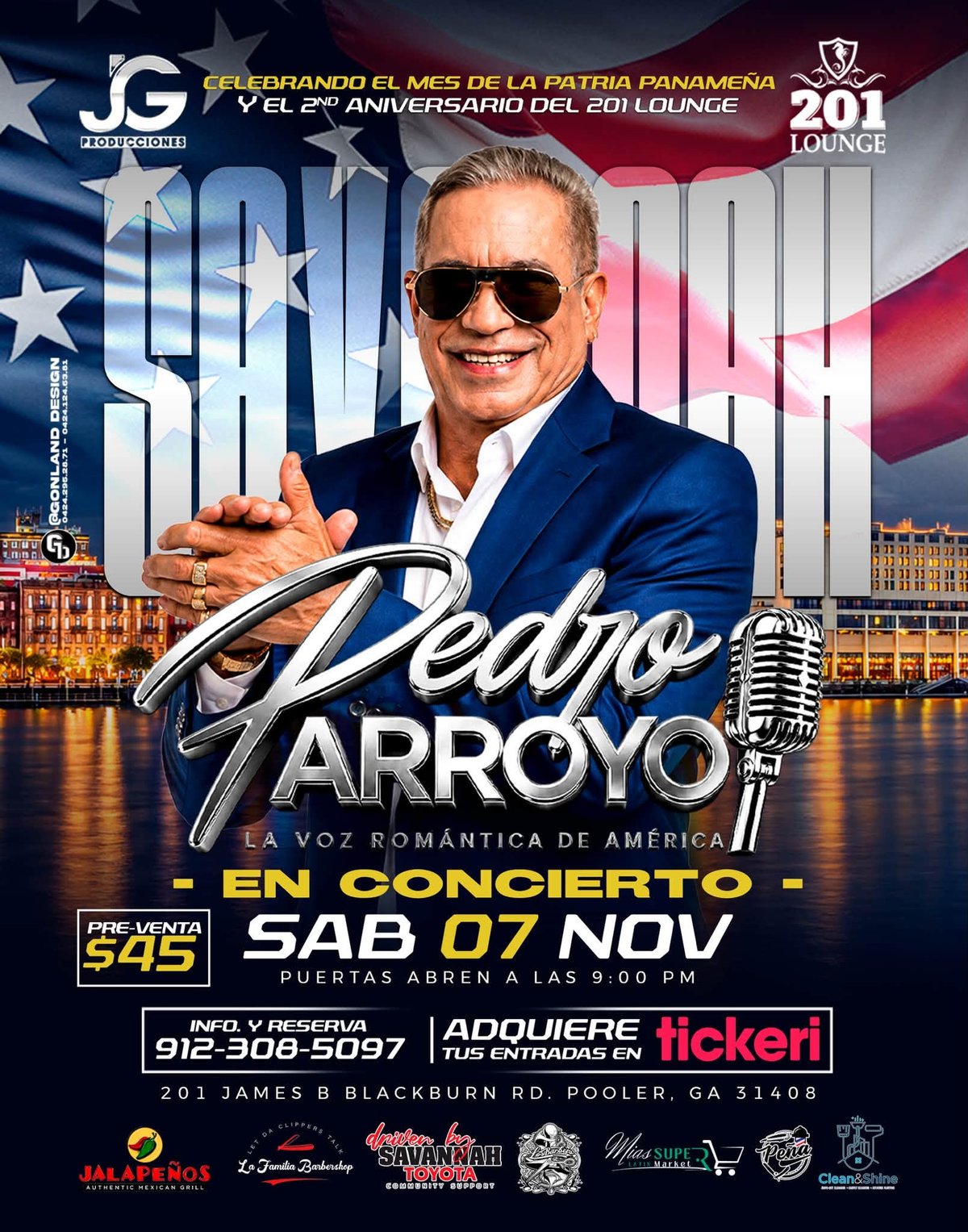 Pedro Arroyo, La Voz Romántica de América, en concierto en 201 Lounge en Pooler, GA, el sábado 7 de noviembre de 2026